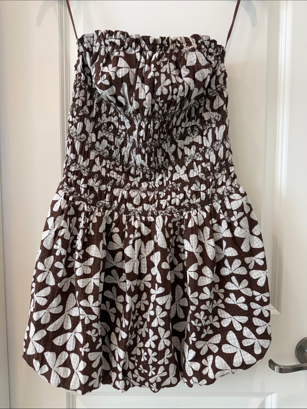 NEW Free People Annalise Brown & White Floral/Butterfly Pattern Smocked Sundress